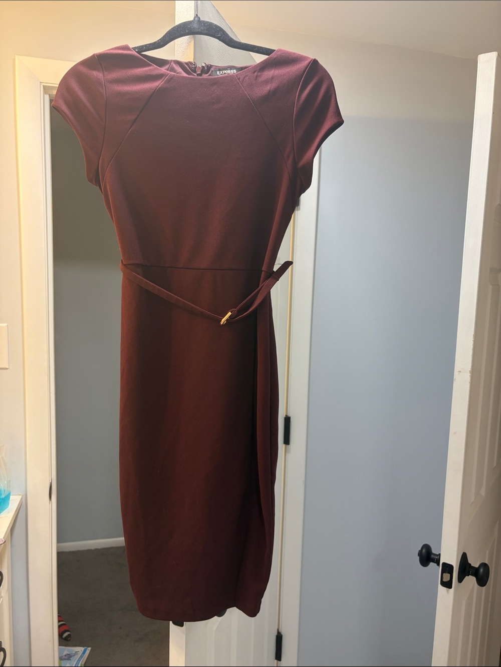 Express Burgundy Cap-Sleeve Belted Midi Dress